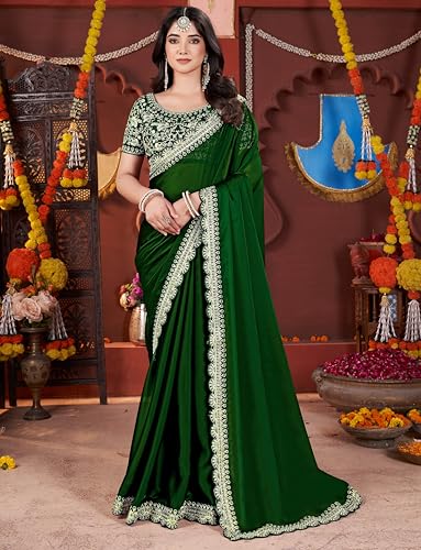 Image of DHARMEE Women's Elegant Designer Sarees Premium Rangoli Fabric with Embellished Border, Lightweight and Stylish Ethnic Wear - Perfect for Parties, Weddings, and Festive Occasions..