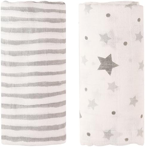 Bamboo Muslin Baby Swaddle Blankets, 47x47 (2 Pack) Grey Stripe & Stars, Baby Swaddle Wrap - Gender Neutral Baby Girl or Baby Boy Blanket by Little Jump (Grey Stripes & Stars)