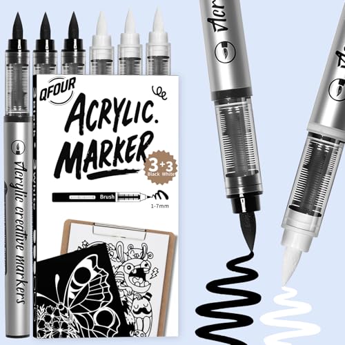 QFOUR 3 White & 3 Black Paint Pen Black and White Paint Markers for Rock Painting Wood Glass Plastic Ceramic and Frabic Acrylic Markers 6 Pack