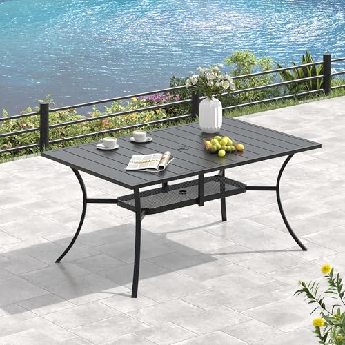 Image of VICLLAX Metal Patio Table for 6, Outdoor Dining Table with Umbrella Hole for Garden Lawn Deck Backyard, Black