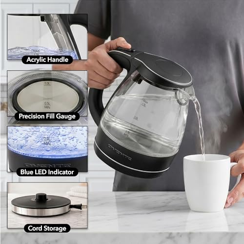Image of OVENTE Electric Kettle, 1.5L Borosilicate Glass Countertop Water Heater and Boiler for Coffee or Tea, BPA-Free, Auto Shut-Off, Boil-Dry Protection, Removable and Washable Spout Filter, Black KG83B