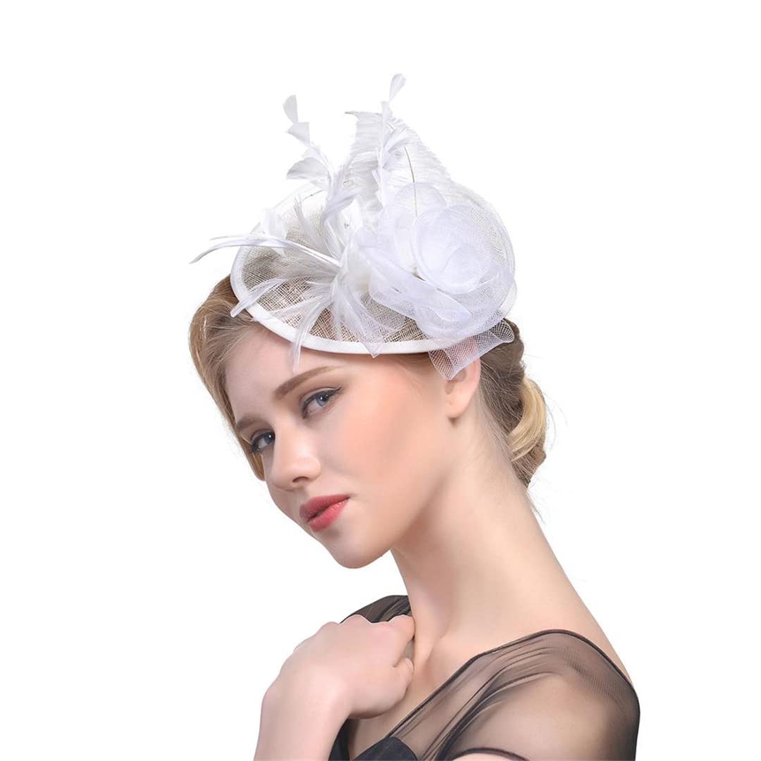 FBHappiness Fascinator Feathers Headpiece Cocktail Tea Party Headwear Flower Mesh Headwear Hair Clip For Wedding,Feather Flower Hair Clip(White)