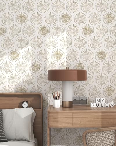 Image of Modern Peel and Stick Wallpaper Boho Self Adhesive Wallpaper Peel and Stick Geometric Contact Paper White and Beige Wall Paper Removable Wallpapers 17.3''x78.8'' for Bedroom Bathroom Cabinets Decor