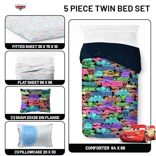 Image of Disney Pixar Cars McQueen Twin Comforter Set 5 Piece Kids Bedding, Black | Neon Racecar, Bed in a Bag, Comforter Sheets Sham Pillowcase, Official Product, Soft Microfiber, Machine Washable, Boys Gift
