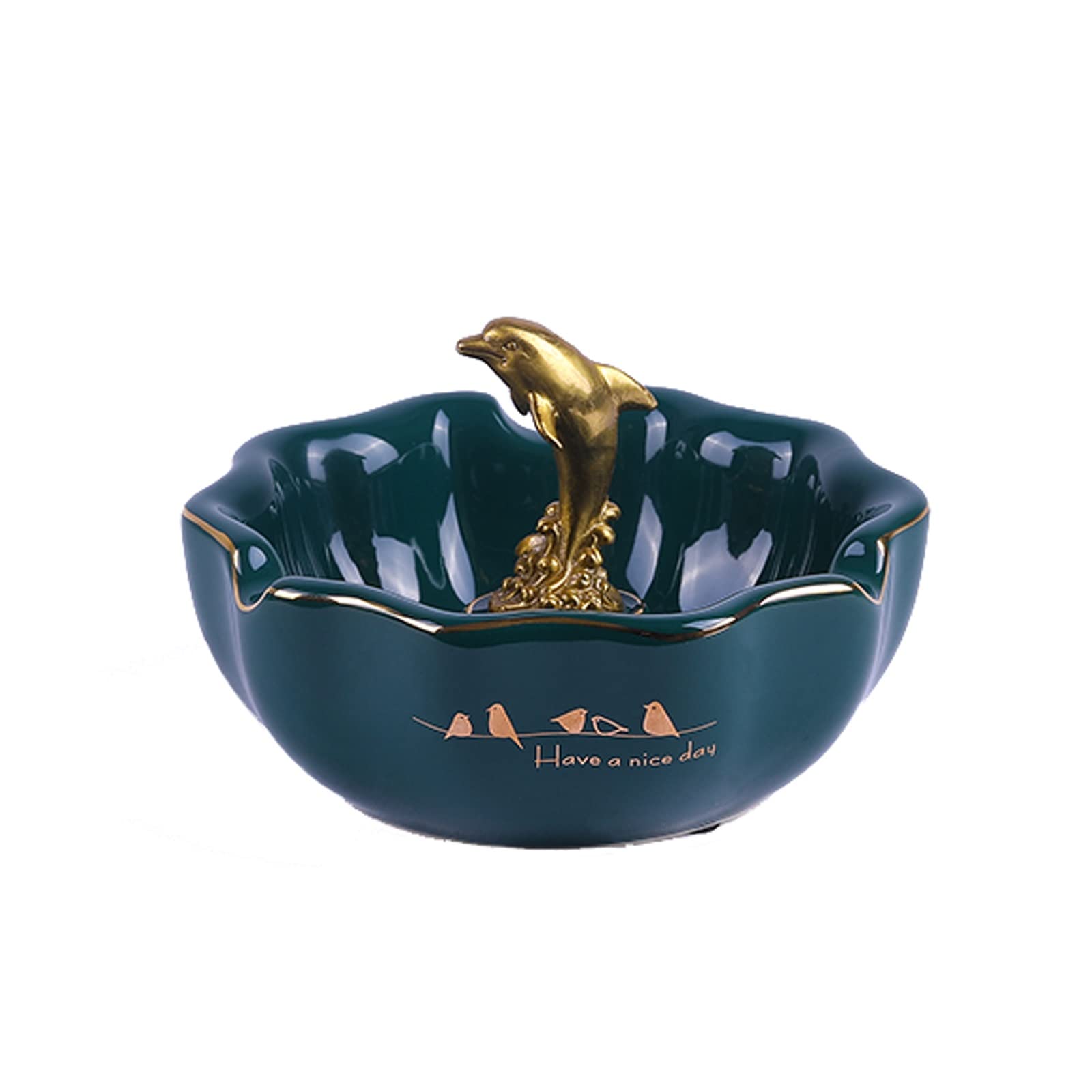 ashtray， Ceramic Cigarette Ashtrays with Copper Decoration, Anti Fly Ash Smoking Tray(B)