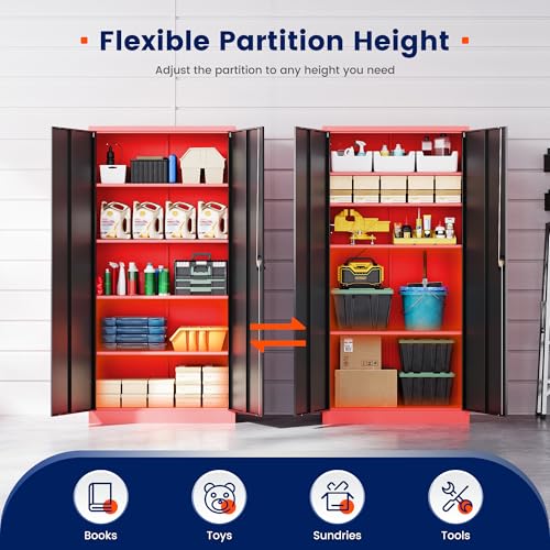 Image of Yizosh Metal Garage Storage Cabinet with Lock Doors and 4 Shelves,-72 inch Steel Heavy Duty Tool Cabinet for Garage, Office,School (Red Black)