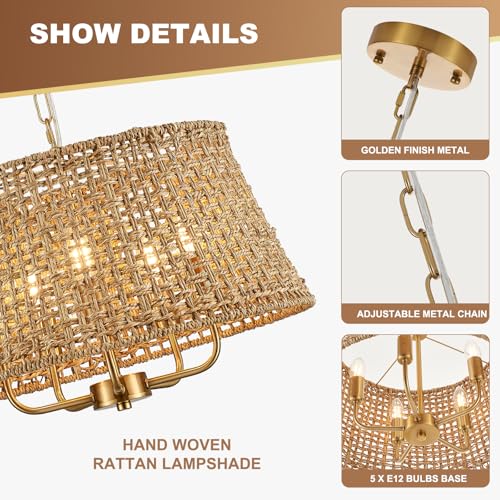 Image of 19.7 inch Boho Rattan Chandelier, 5-Light Gold Wicker Light Fixture