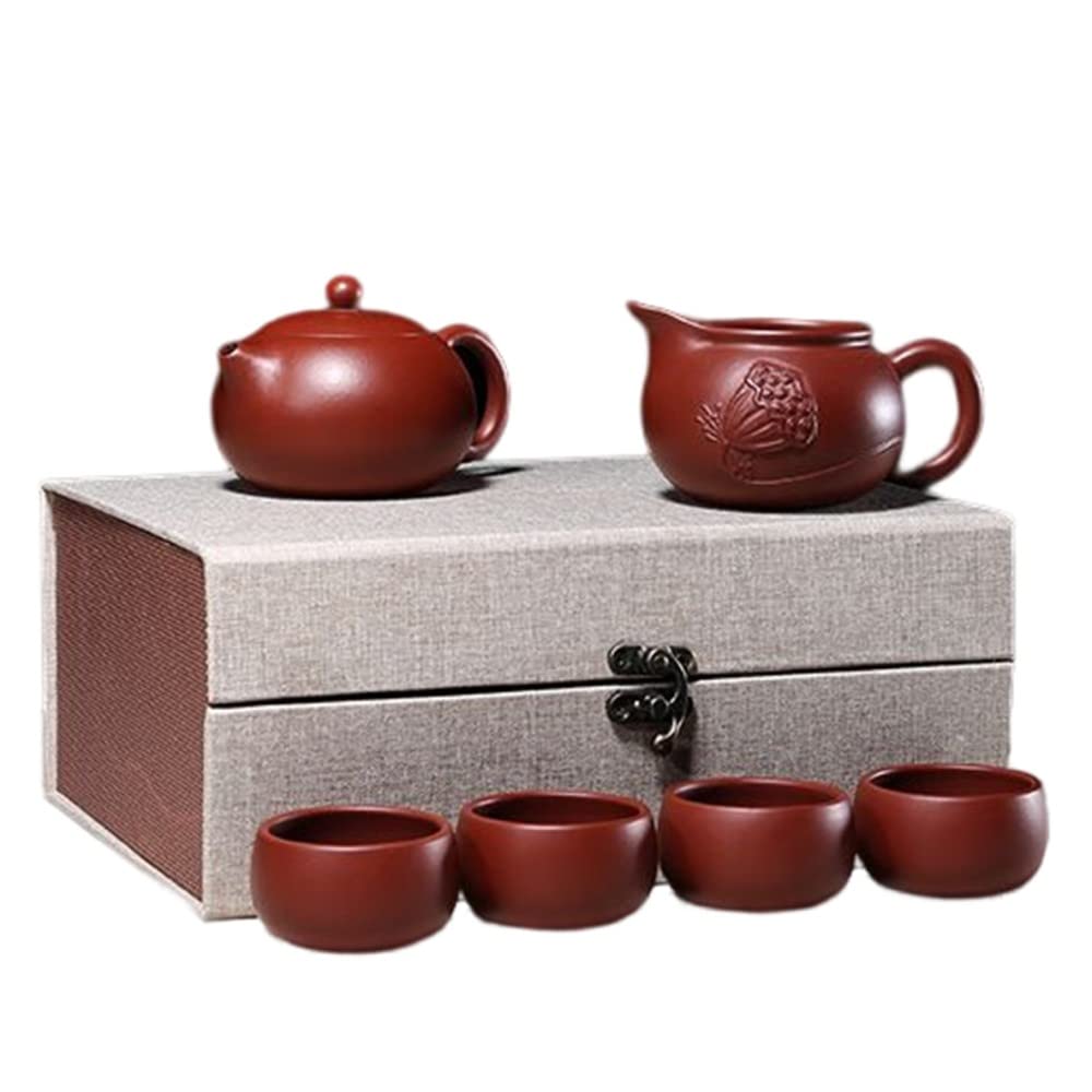 Ceramiczny zestaw do herbaty - chiński zestaw do herbaty Yixing Zisha Fioletowy czajniczek Xishi z dzbankiem do herbaty, 4 filiżanki i pudełko dla taty, dziadka, męża i miłośników herbaty