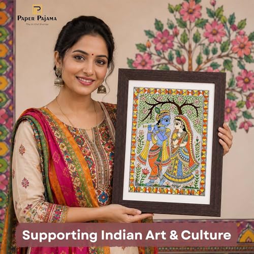 Image of PAPER PAJAMA Radha Krishna Wall Art for Living Room | Madhubani Mithila Folk Painting | Traditional Indian Devotional Artwork Framed Home Decor for Bedroom, Office & Temple (10x13 Inches)