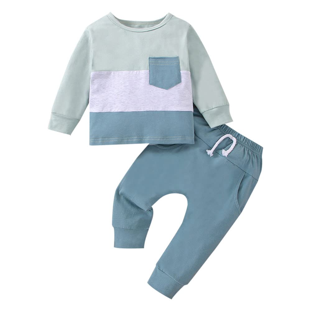 0-5T Newborn Baby Boy Clothes Color Block Pullover Sweatshirt Top Elastic Waist Pockets 2Pcs Warm Fall Winter Outfit (Long Sleeve Blue, 6-12 Months), Toddler