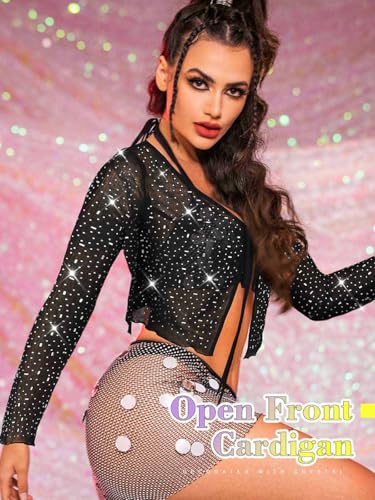 Asooll Rhinestone Shrug Black Cardigan Bolero Front Tie Sparkly Mesh Shrugs for Women4