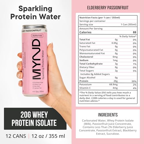 Image of MYND Sparkling Protein Water, Clear Protein Drink - 20g Whey Protein Isolate Per Can, 12 Pack - Lactose Free, Gluten Free, No Added Sugar - Ready-to-Drink Carbonated Protein - Elderberry Passionfruit
