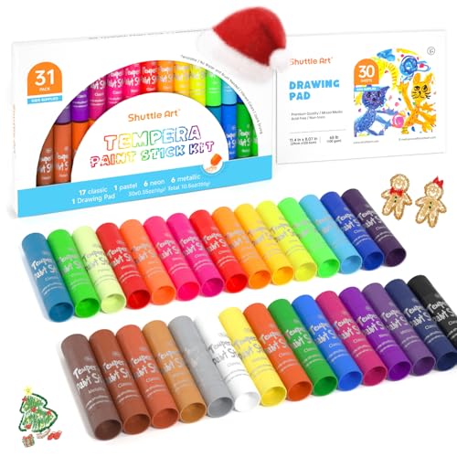 Shuttle Art Tempera Solida en Barra, 30 Colores Tempera Sólidos con 1 Bloc de Dibujo, Secado Súper Rápido, No Tóxico, Pinturas Temperas Funciona Genial en Papel Madera Lienzo