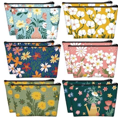Sweetude 12 Pcs Colorful Flower Makeup Bags Bulk Portable Travel Cosmetic Bags with Zipper Watercolor Floral Waterproof Roomy Travel Toiletry Organizer Storage Pouch for Women Gifts