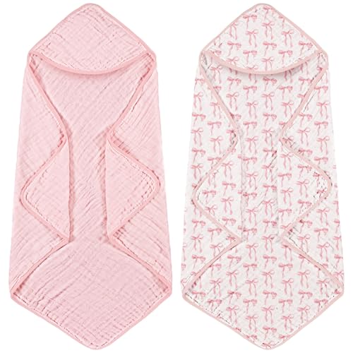 Image of Hahafelt 2 Pcs Pink Bow Baby Hooded Towels for Newborn 100% Muslin Cotton Baby Bath Towel with Hood for Babies Infant Toddler and Kids Large 32x32inch Soft Absorbent Kids Essential Gift