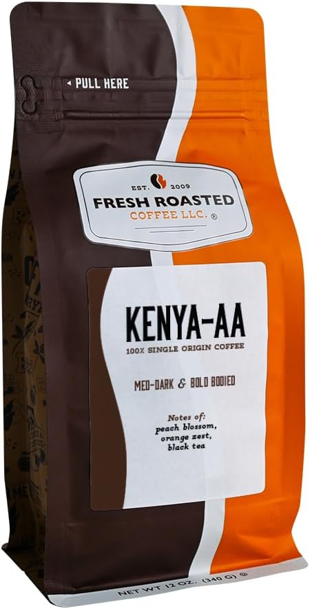 Fresh Roasted Coffee, Kenya AA, 12 oz, Med-Dark Roast, Kosher, Whole Bean