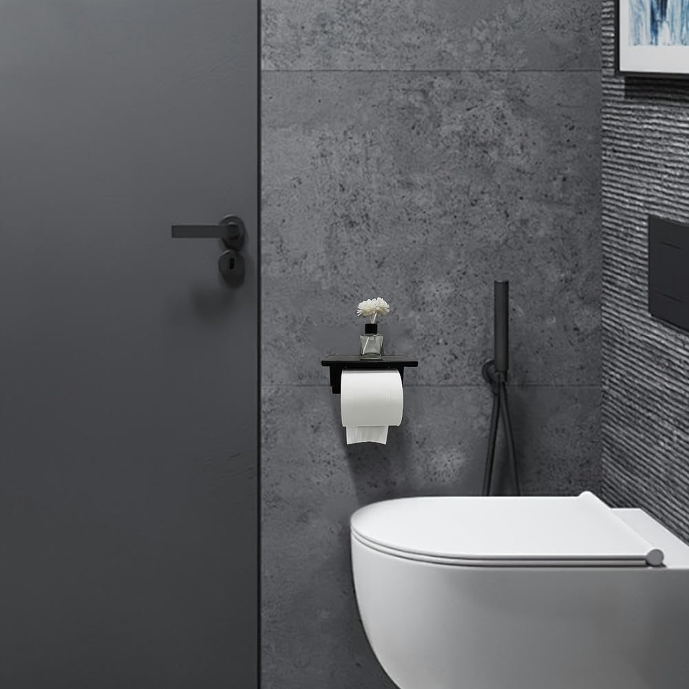 Set di 3 supporti per carta igienica, in acciaio inox, colore nero, con scaffale, dispenser di carta igienica