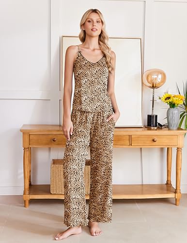 Image of Ekouaer Womens Y2K Cami Pajama Set with Flare Pants, 2 Piece Lace Trim Sleepwear Spaghetti Strap Pjs Set XS-2XL