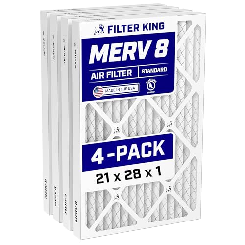 Filter King 21x28x1 Air Filter (MERV 8) (4-Pack) Dust & Allergy Control AC Furnace Filters, MADE IN USA, HVAC, Pleated, Electrostatic (Actual Size: 21 x 28 x .75)