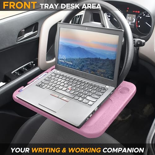 Image of EcoNour 2 in 1 Car Steering Wheel Desk | Steering Wheel Tray for Laptop and Food | Pink Table Tray for Eating with Drinks Holder | Car Accessories