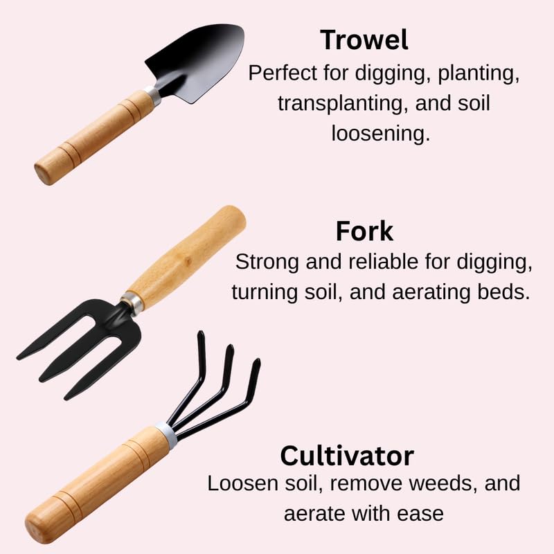 Image of 4 in 1 Gardening Tool Set - Trowel, Fork, Cultivator & Pruner with Wooden Handle for Digging, Planting, Weeding & Trimming