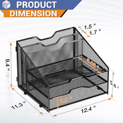 GAWERK Letter Tray Organizer, Mesh Desk File Organizer with 3 Paper Trays and 2 Vertical Upright Section, Blank - Image 3