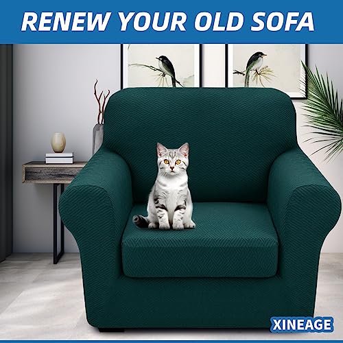 XINEAGE 2025 New 2 Piece Chair Cover with Arms Super Stretch Chair Slipcover for Living Room Pet Dog Universal Slip Cover Anti Slip Armchair Furniture Protector (Blackish Green), 31"-46"(1 Cushion)