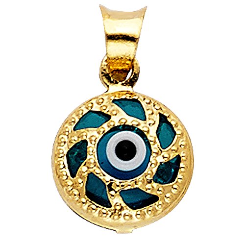 14K Yellow Gold Evil Eye Charm Pendant with 1.2mm Flat Open Wheat Chain Necklace2