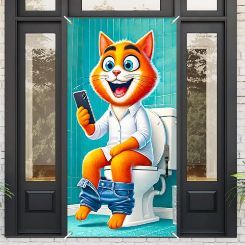 Image of Funny Cat Toilet Door Cover 35x71in Orange Tabby Humor