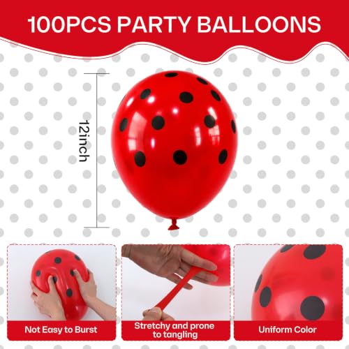 Image of TONIFUL 100 Pack Red Polka Dot Latex Balloons 12 Inch - Black Dots on Red for Ladybug Themed Birthday Carnival Baby Shower Graduation Party Decorations