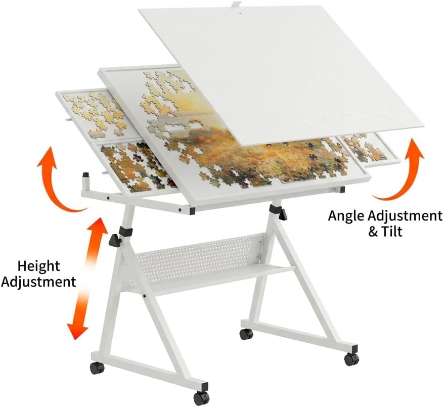 1500 Pieces Jigsaw Puzzle Board Table, Adjustable Height & Angle with Locking Wheels, Adult Puzzle Desk with 4 Felt Trays & Wooden Cover for Home & Craft Rooms