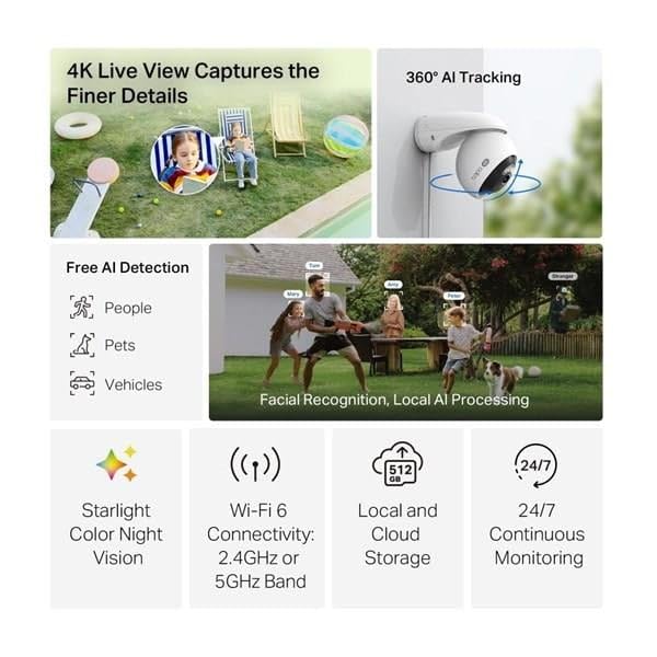 TP-Link Tapo C560WS | Caméra de Sécurité Extérieure Wi-FI 6 4K 8MP | Détection Locale de Visage | Détection Humain/Animaux de Compagnie/Véhicule | Lumière stellaire Vision Nocturne Colorée | IP66