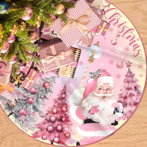 Generic CHRISTIMAS DECORATIONS 07 Pink Christmas Tree Skirt 48 Inch Pink Christmas Decorations Merry Christmas Santa Snowman Tree Skirt Mat Christmas Tree Decorations cover