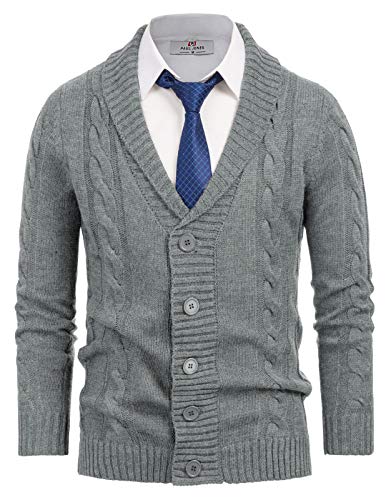 Mens Cable Knit Aran Sweaters Shawl Colalr Cardigan Button Down Light Gray 2XL