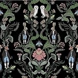 MuralPeel Dark Black Animals Damask Leaf Rabbits Deer Owl Pink Flowers Vintage Peel and Stick Wallpaper Self Adhesive Removable Easy Peel Off Stick on Wall Paper for Bedroom Cabinet Renter Friendly