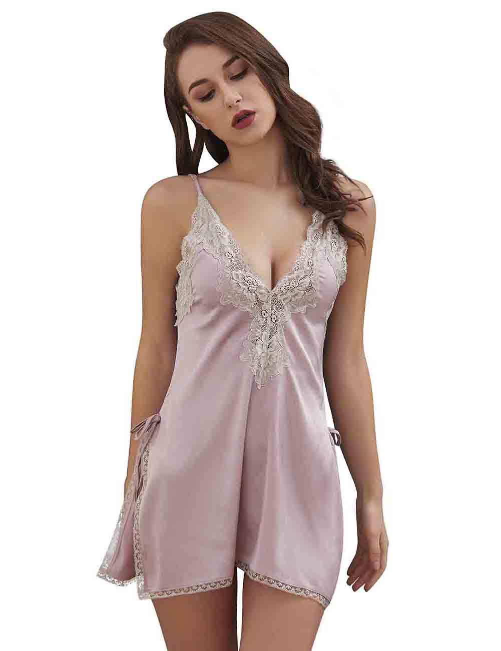 Women Lingerie Hot Trend Silk Satin Lace Trim Slit Chemise Lingerie Slim Fit Style| Sexy Comfortable Home Nightwear | Sleepwear Ladies Solid Fashion