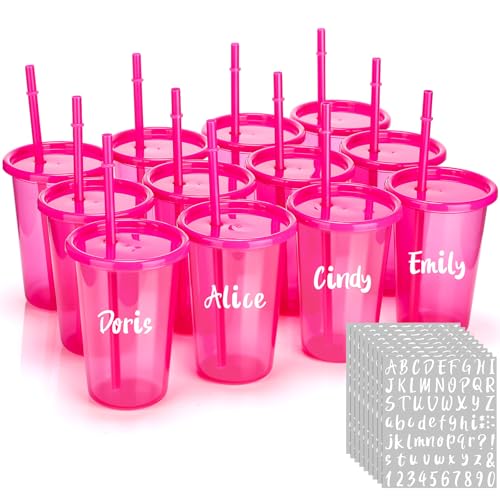 Nuanchu Plastic Cups with lids and Straws Reusable 14oz Tumbler with Sheets Letter Stickers for adult Iced Coffee Cup Travel Mug for Party Favors Beach Juices(Hot Pink 12 Pcs)