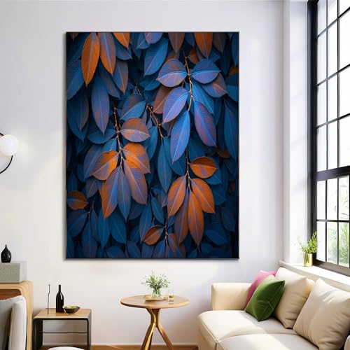 Cuadro sobre lienzo de plantas y hojas azul-naranja de 60x90cm para decoración de salón moderno