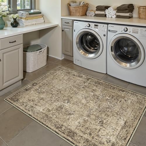 3x5 Area Rug Washable Vintage Neutral Entryway Living Room Carpet Indoor Office Non Slip Brown Entrance Distressed Low Pile Retro Accent Throw Rug for Dining Room Bathroom Bedroom Laundry