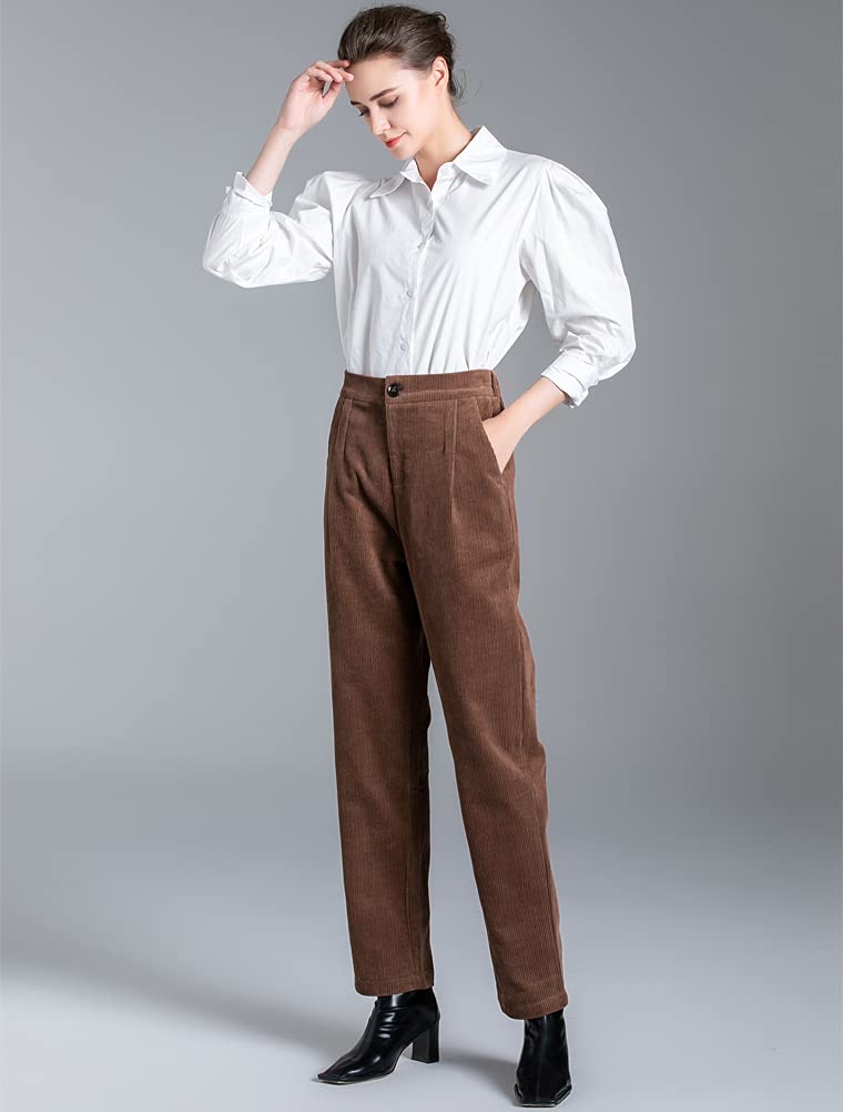 Minibee Women's Cropped Corduroy Pants Elastic Waist Retro Trouser with Pockets