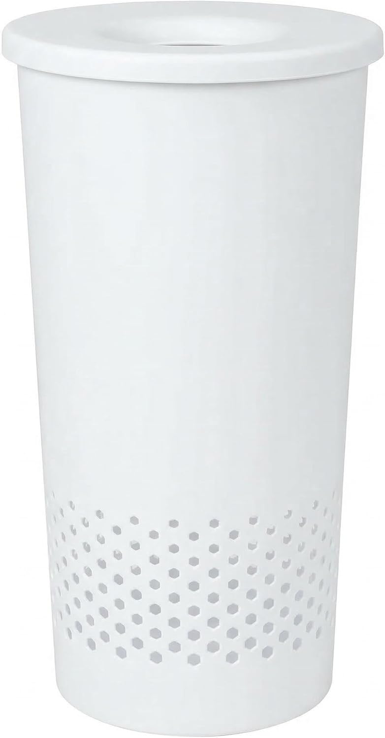 Round Lidded Tall Laundry Hamper & Clothes Basket, Lightweight Plastic with Ventilation Holes & Drop-in Opening Lid, Portable Durable Easy-to-Clean for Bathroom Bedroom Dorm Laundry Room, White