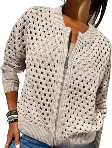 Women's Casual Hollow Knitwear Zipper Jacket, Crochet Fishnet Knit Shrugs Sweater Jacket Lightweight Cardigans Sweater