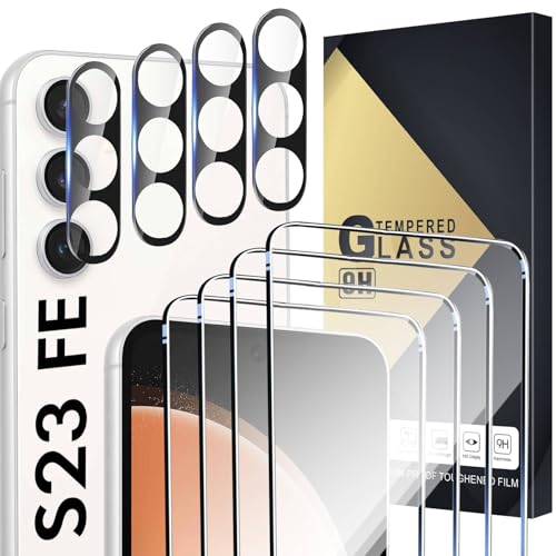 Xiezezei Screen Protector Compatible with Galaxy S23 FE 5G - [4+4 Pack] Camera Lens Protectors Fingerprint Unlock Support HD Tempered Glass Touch Sensitive Anti Scratch