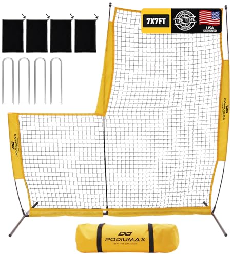 PodiuMax Baseball Softball Pitching Screen 7x7FT Pitcher Protection Net with Upgrade Frame Baseball Batting Pitching Net for Backyard Field Outdoor Line Drive Protective L-Screen with Carry Bag