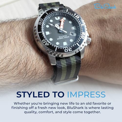 Image of BluShark - Original Collection Military-Style Waterproof Watch Strap, Fits All Timepiece Brands, Durable Nylon Wristwatch Accessories with Stainless Steel Buckle - 18mm, 20mm, 22mm & 24mm Watch Bands