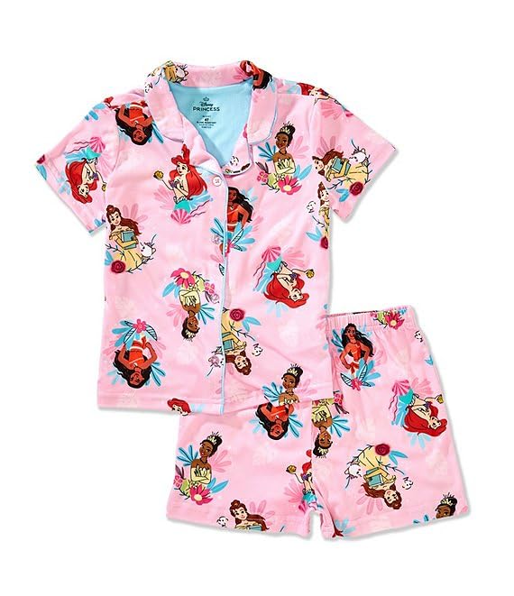 Centric Brands Girls’ Princess 2pc Pajama Set – Collared Button-Down Top & Shorts – Moana, Ariel, Tiana & Belle – 2T–102