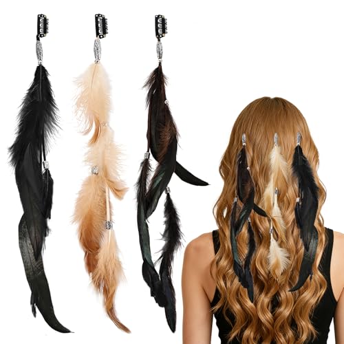 FeelfunFeather Feathers Hair Extensions for Women Boho Clip-in Hair Feather Accessories for Mardi Gras Performances Photo Shoots Carnival Party Headdress Accessory, Brown Black Dark Coffee(3 Pcs)