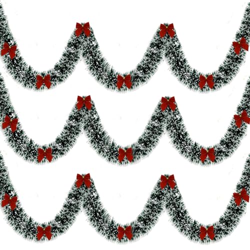 8m Christmas Metallic Tinsel Garland with 24 Red Velvet Bows for Xmas Tree, Fireplace, Door, Window Decor, Holiday Wedding Party Home Decoration (Dark Green)