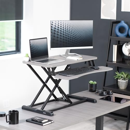 Image of VIVO 32 inch Desk Converter, K Series, Height Adjustable Sit to Stand Riser, Dual Monitor and Laptop Workstation with Wide Keyboard Tray, Gray Top, Black Frame, DESK-V000KG