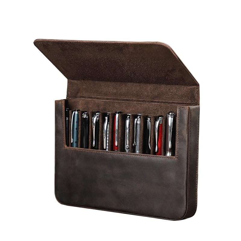 3/12 Leather Pen Case Pack Handmade Drawer Style Detachable Magnetic Pen Case (12 BROWN)